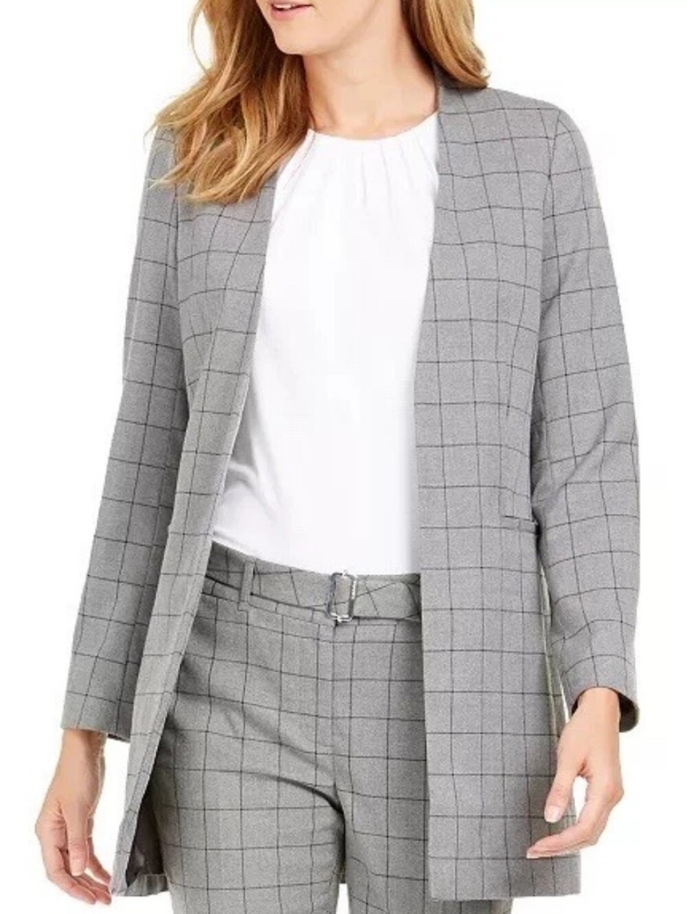 DONATING TODAY--NWT Calvin Klein Womens Grey Windowpane Open-Front Blazer